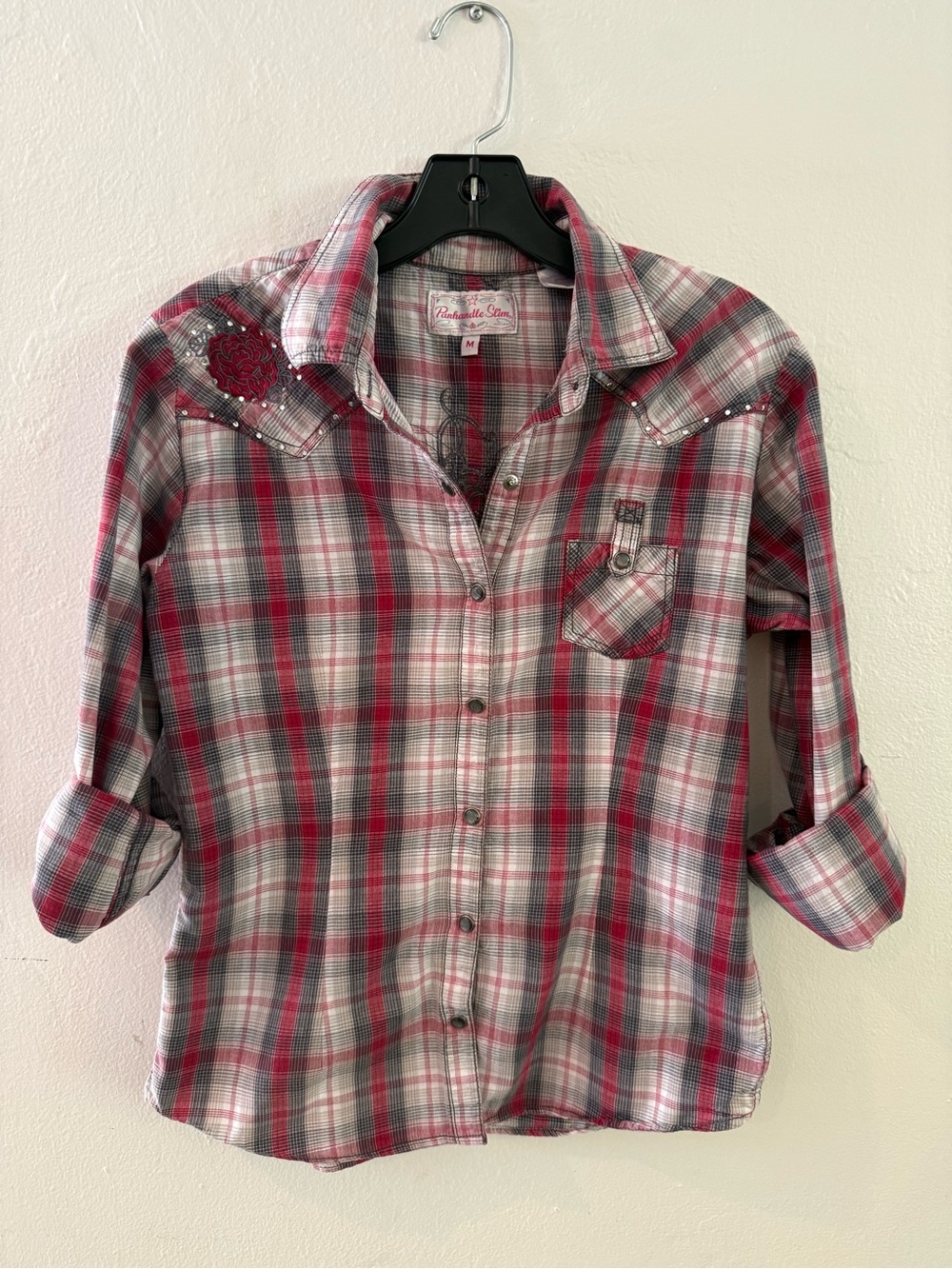 Panhandle Slim Girls' Pink & Gray Plaid Western Button-Up